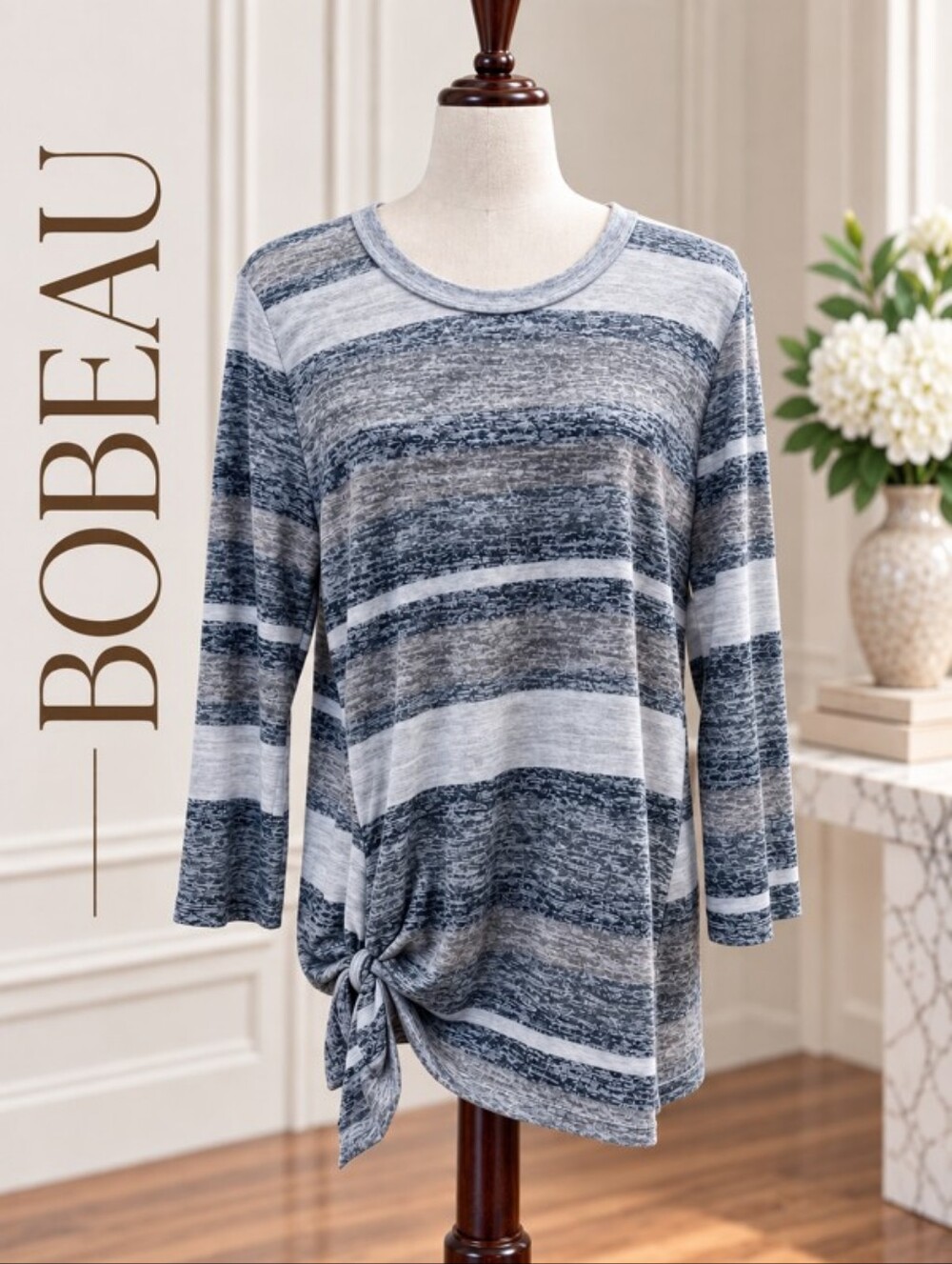 Bobeau Marled Stripe Side-Tie Tunic Top | Size Large
